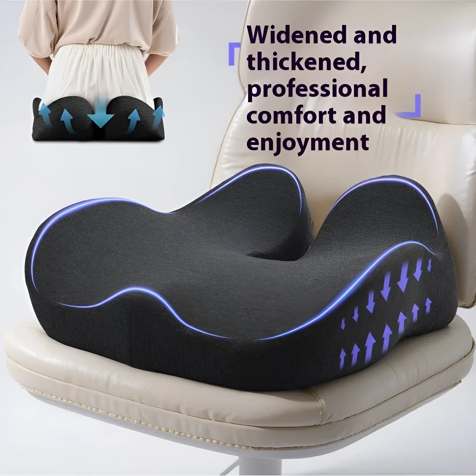 Light grey rectangular memory foam office chair cushion on a desk chair.