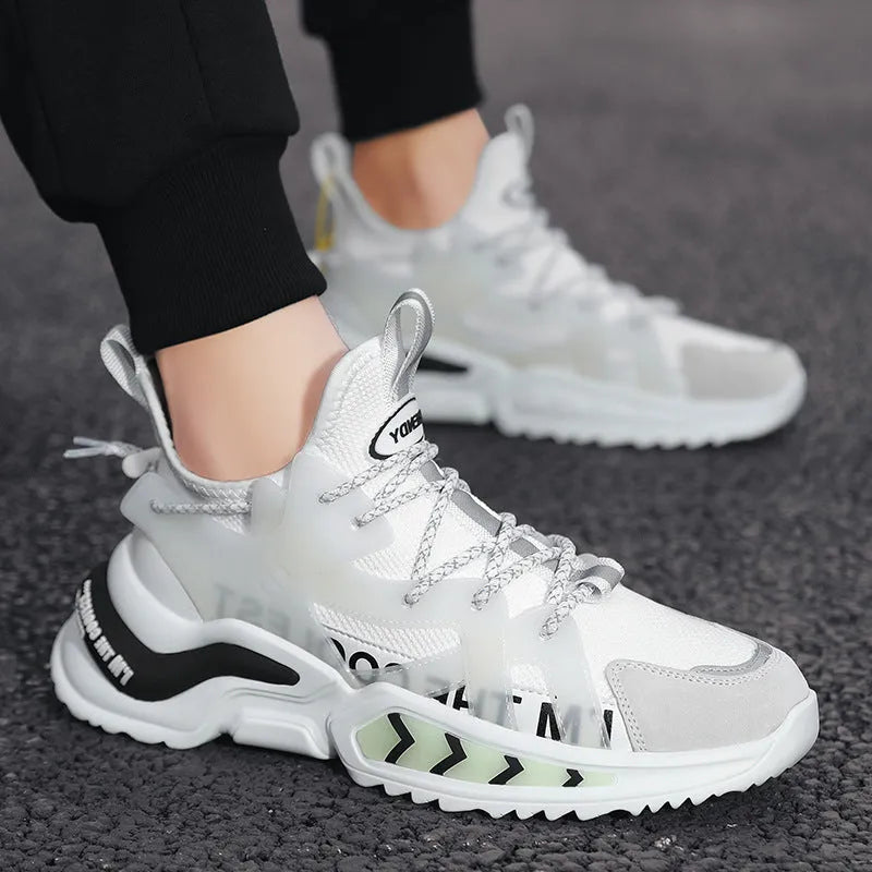 Men's fashion high top sneakers in white with PU mesh upper and thick sole for running and walking