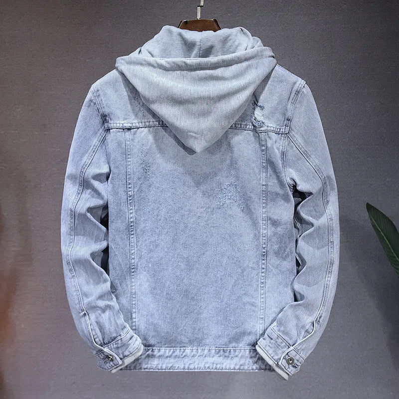 Men's light blue detachable hooded denim jacket with side seam pockets, regular fit, long sleeves