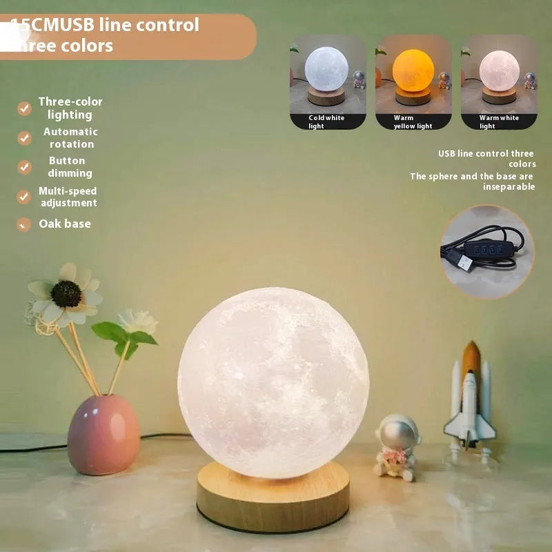 Rotating sleeping moon night lamp on a wooden base with a wire control, showing three colour options.