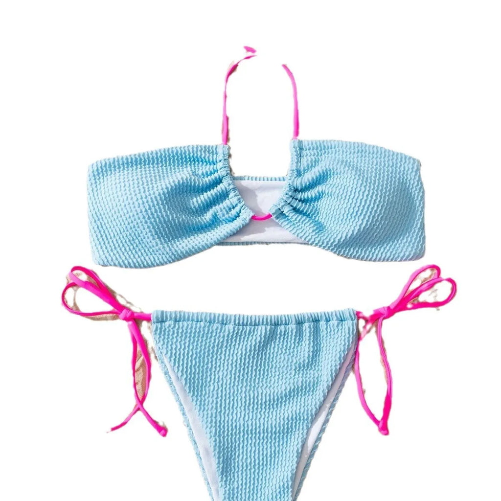 Solid colour women's halter lace-up swimsuit bikini set with backless design