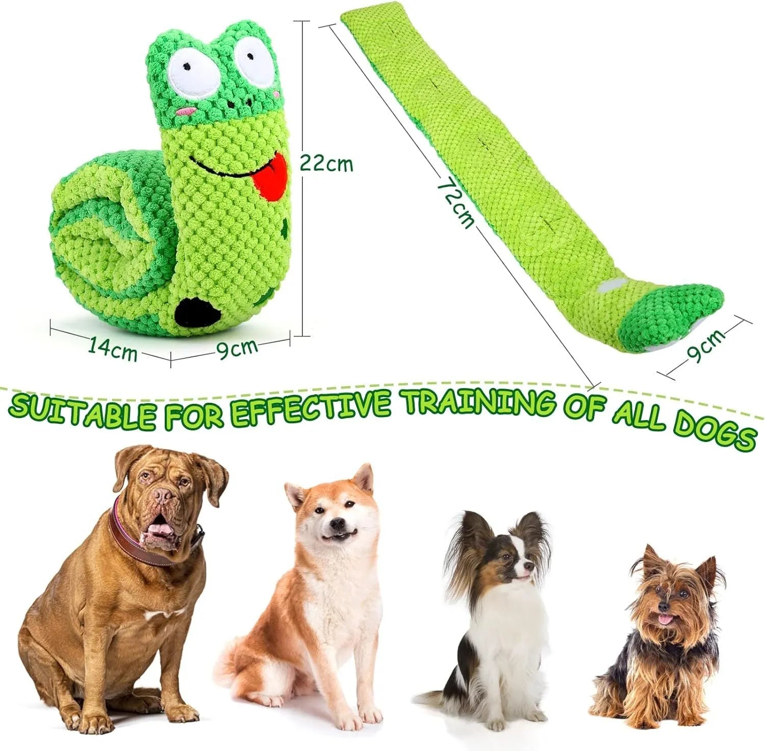 Squeaky dog puzzle toy in snail shape with velvet fabric, showing hidden food holes for foraging games.
