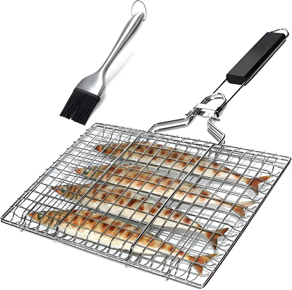 Square stainless steel folding barbecue mesh basket with a grill brush on a grey background.