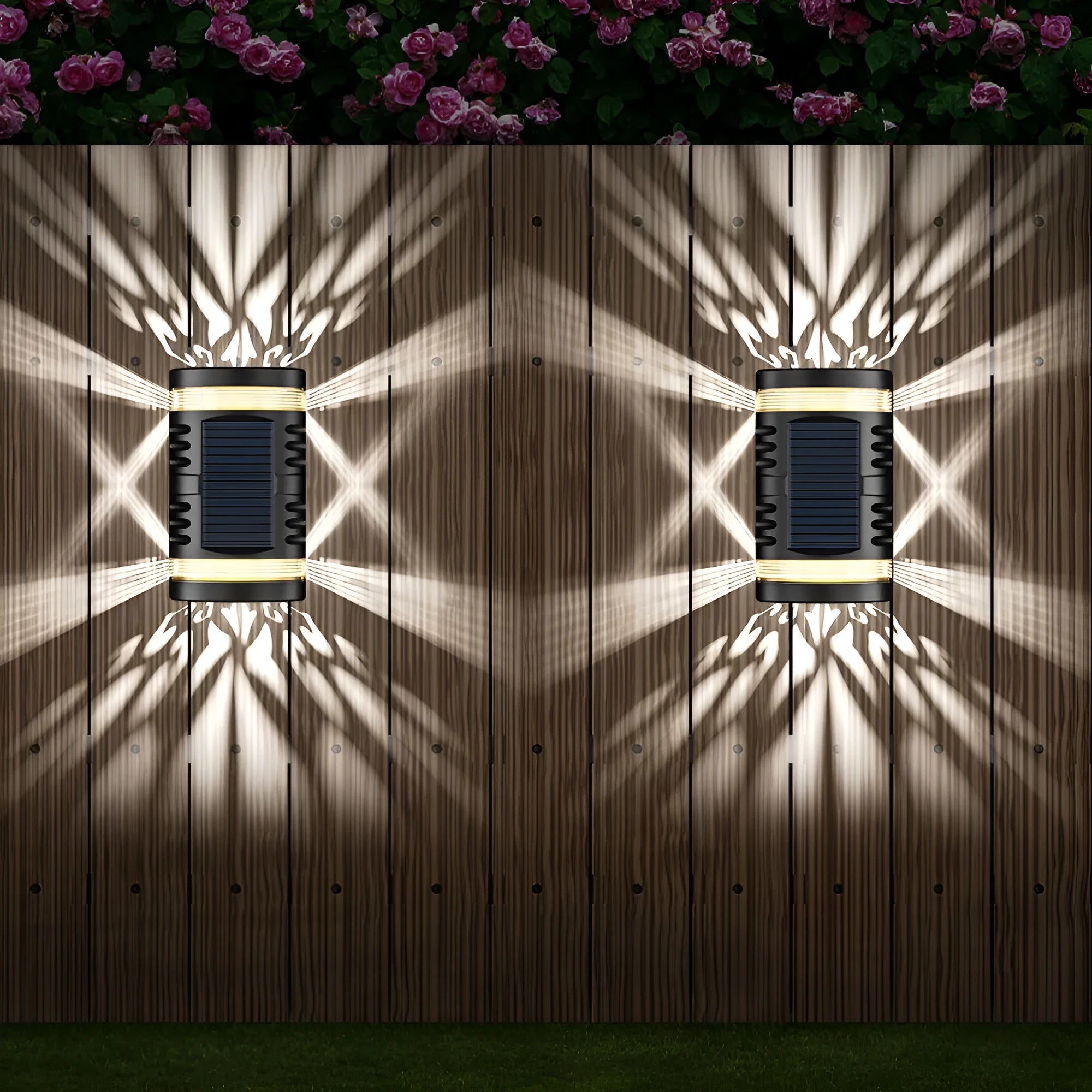 Solar wall light with ABS housing, 80 lumens, warm light projection effect for outdoor garden use