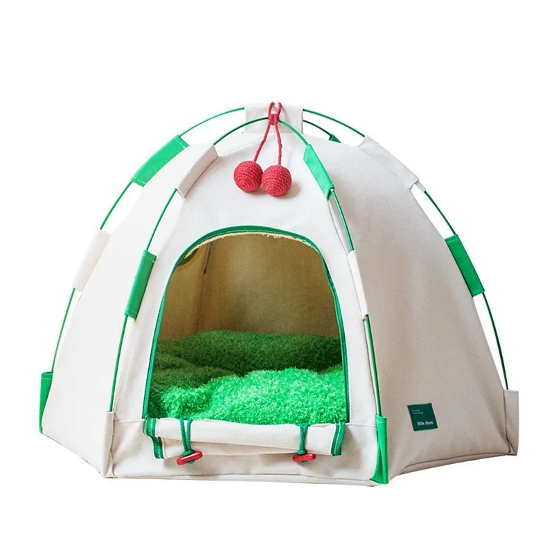 Dome-shaped cloth cat tent with optional thick mat pad for four-season use as pet bed or cage