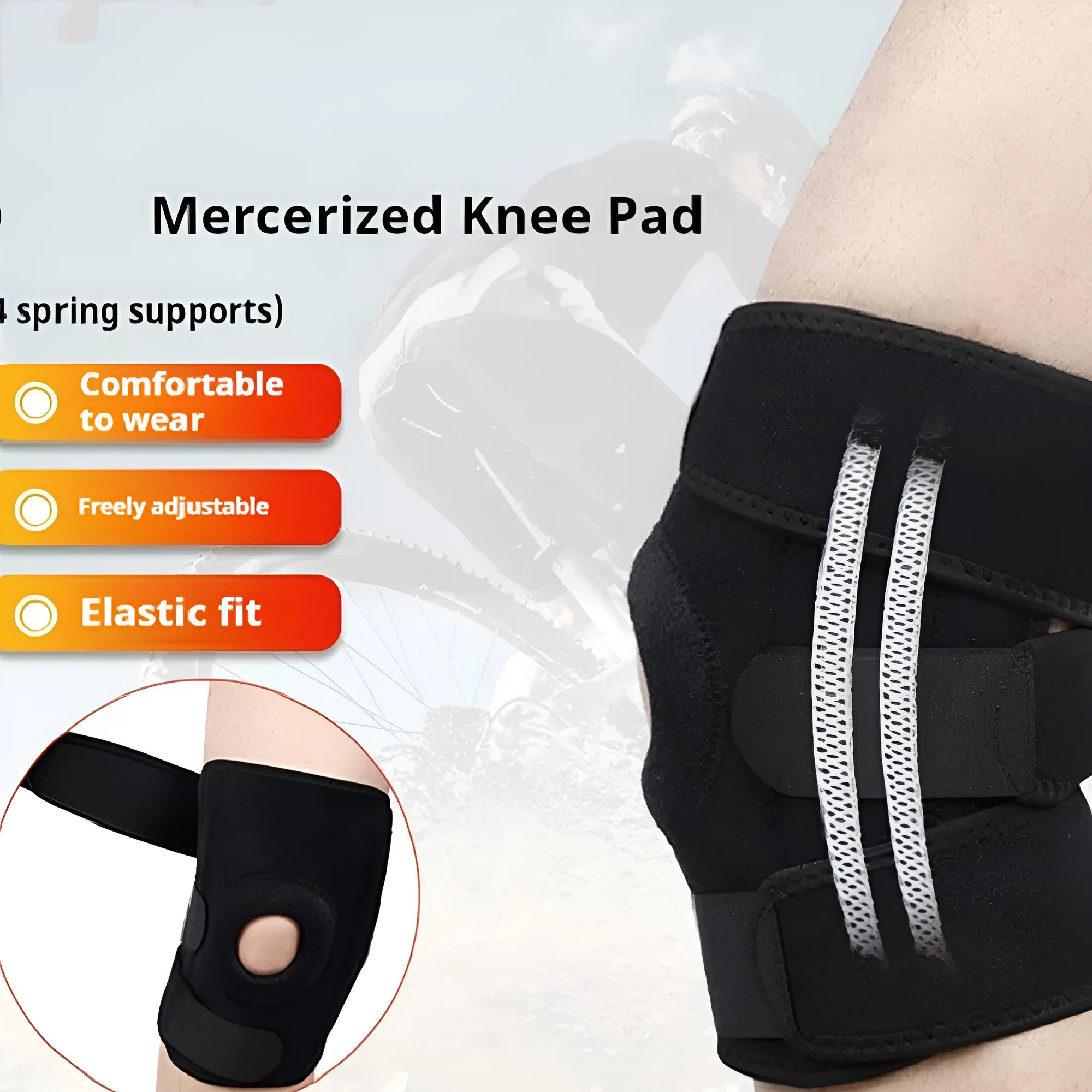 Sports knee pad with internal steel springs and nylon mercerised cloth exterior for running and basketball.