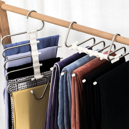 Versatile 5-in-1 stainless steel clothing rack with dual-hook system for organised wardrobe
