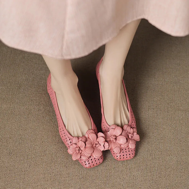 Women's light brown leather hollow weave pumps with an oversleeve design and a mid-height heel.