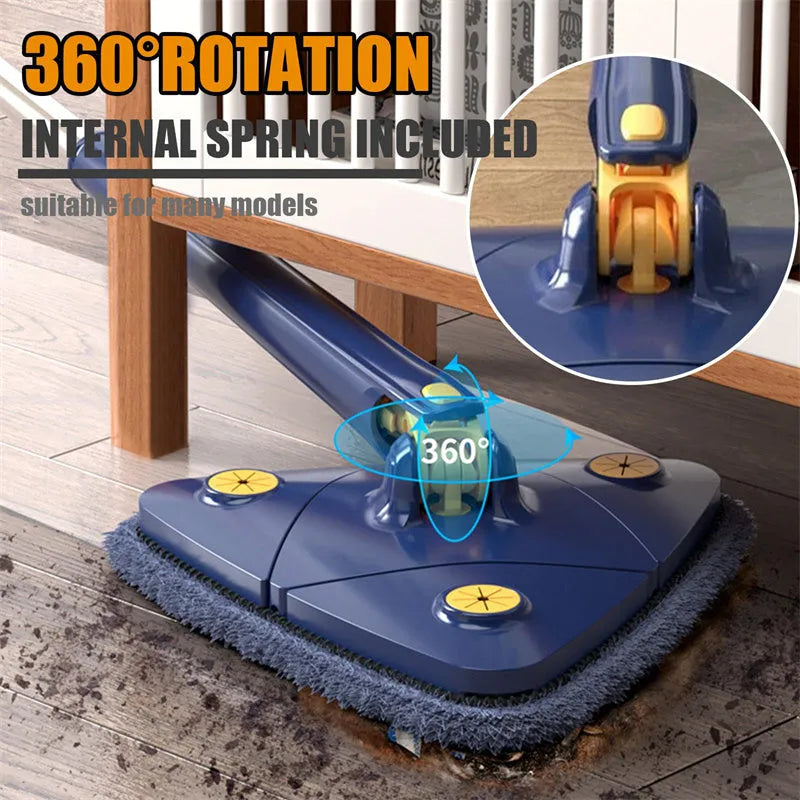 Blue and white extendable triangle cleaning mop with rotating head on a stainless steel pole.
