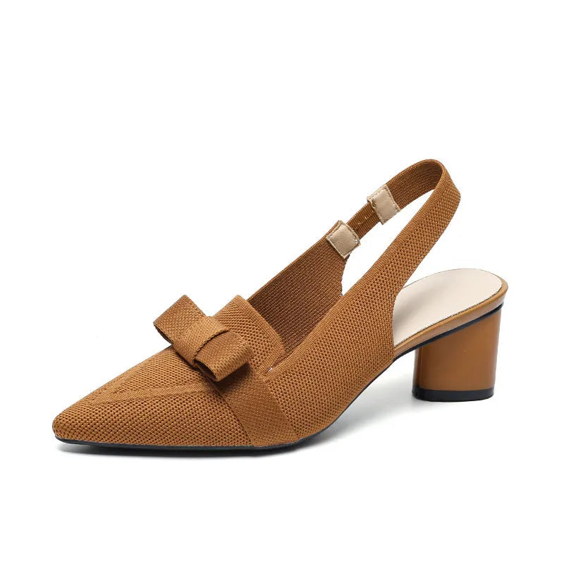 Women's closed toe high heel sandals with bow detail and ankle buckle back strap in solid summer colours