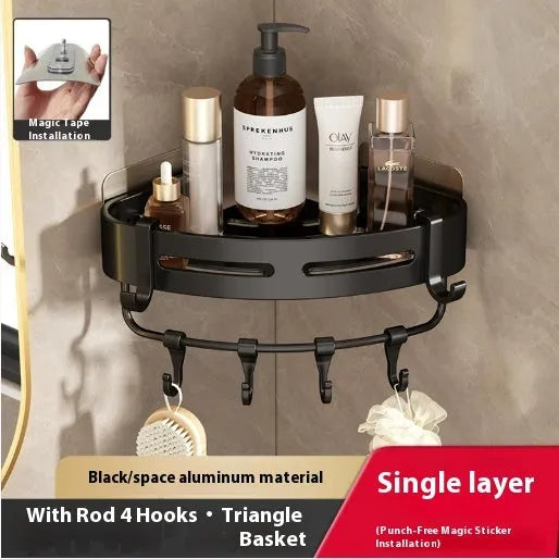 Gun gray triangle bathroom storage rack mounted in corner with punch-free installation