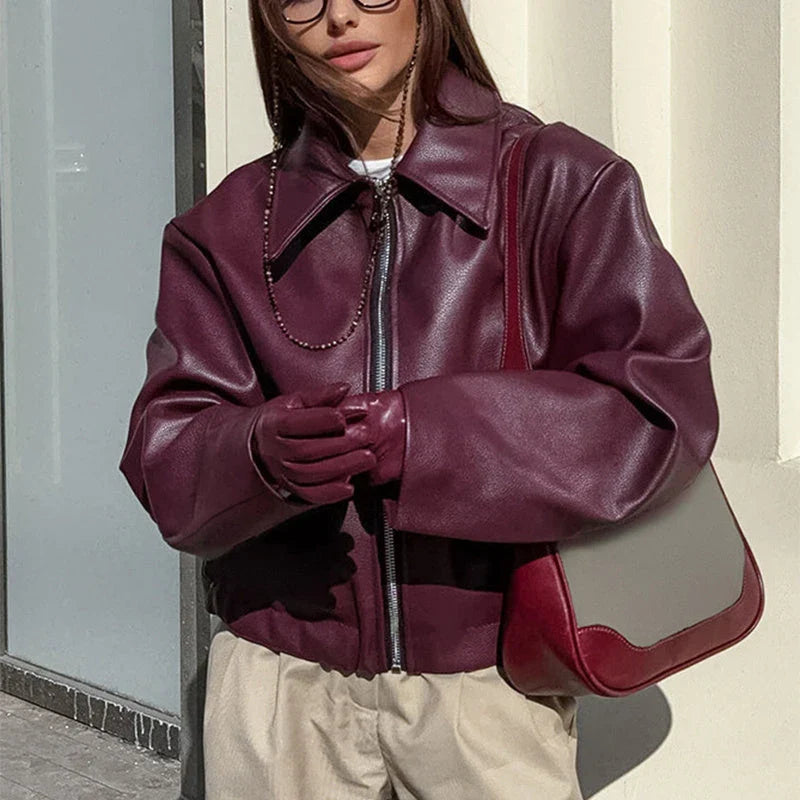 Stylish faux leather zip-up jacket for women in burgundy and black colors