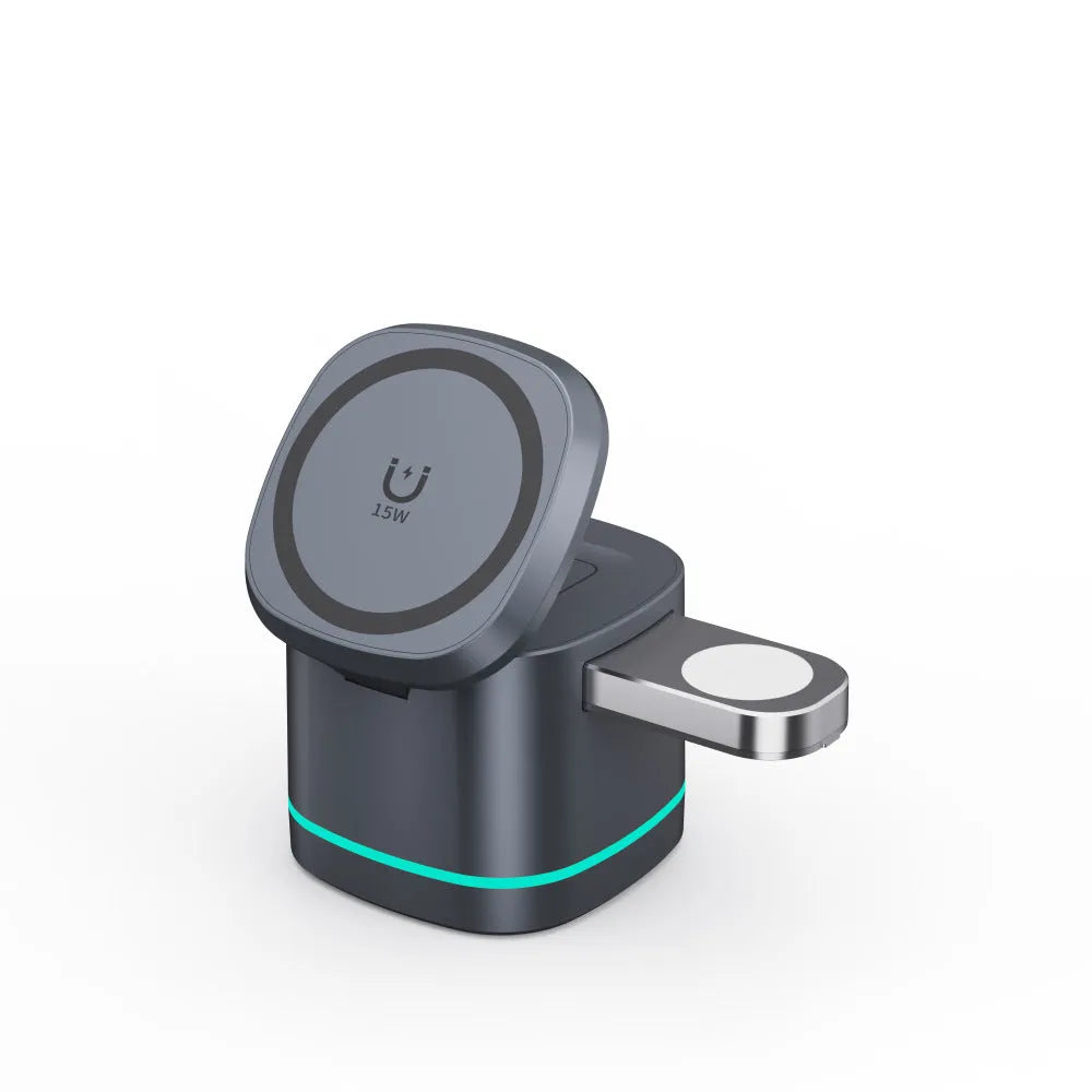 Three-in-one folding magnetic wireless fast charger for mobile earphone watch in Iron Grey