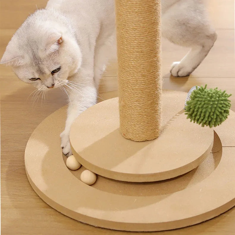 Vertical cat climbing frame with hemp rope scratching posts on a density board structure, in a canna colour.