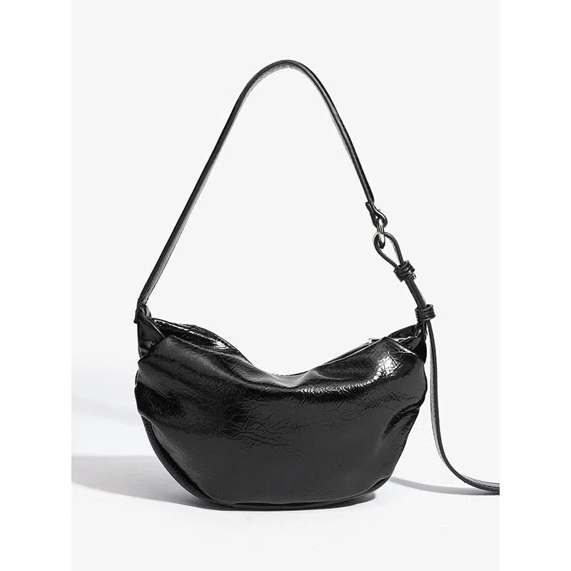 Black pleated shoulder bag with three-dimensional pocket in dumpling shape PU leather