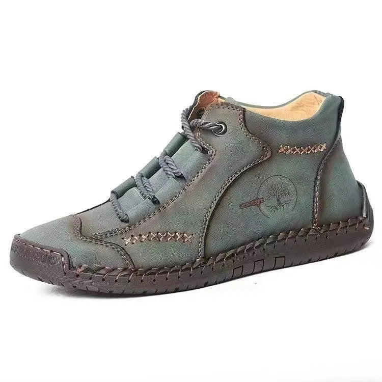 Men's brown leather high-top boots with lace-up front and flat rubber sole