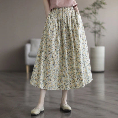 Floral printed cotton skirt in little yellow and blue flowers, urban leisure style