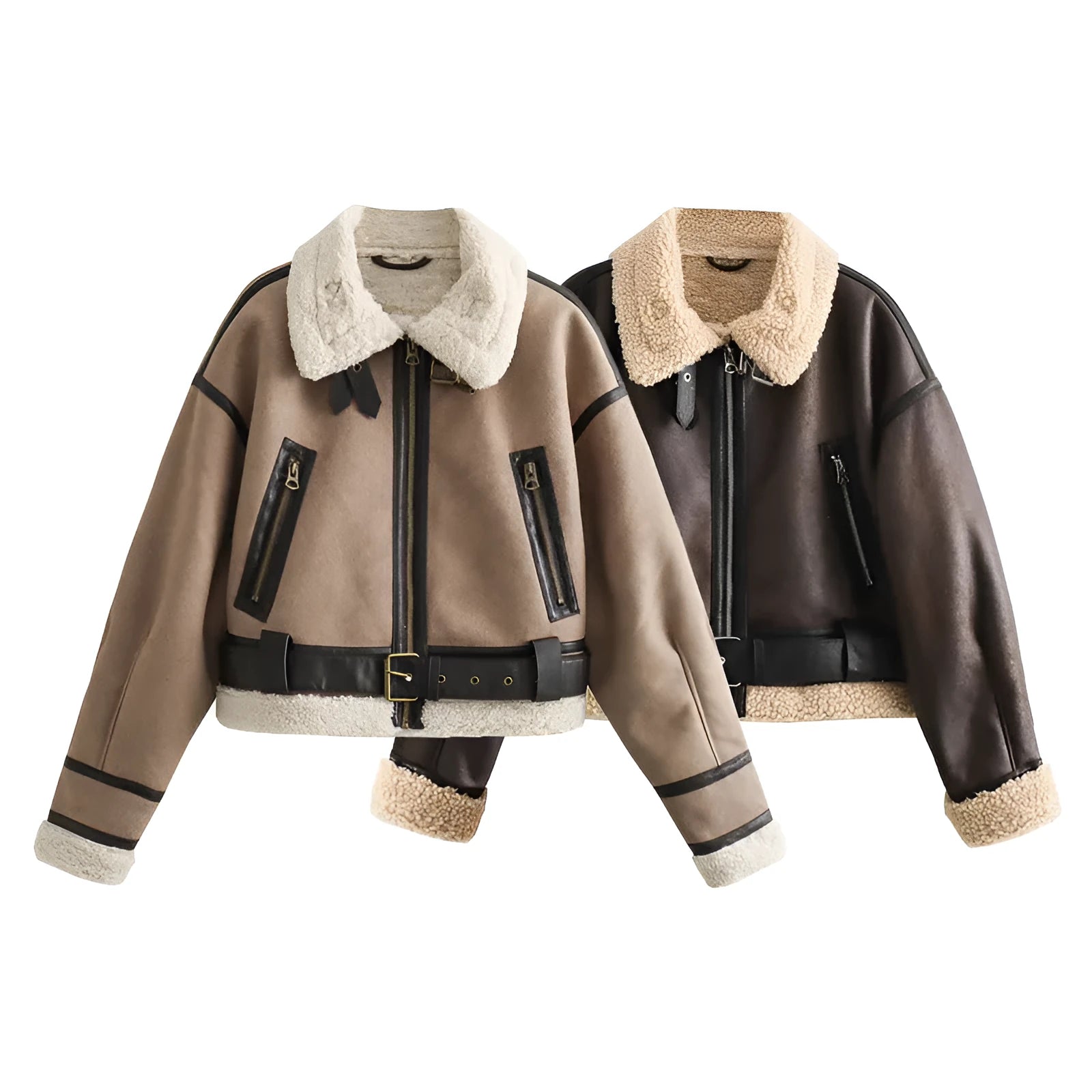 Women's loose long sleeve lamb wool splicing coat in khaki, with zipper front, on display as casual outerwear