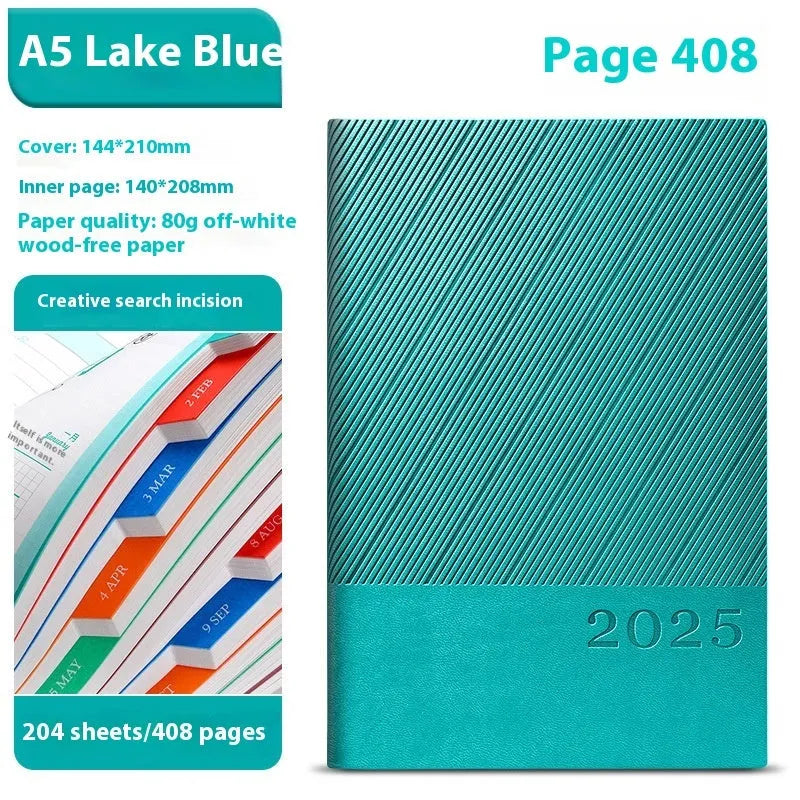 A4 business notepad with striped PU leather cover showing eight colour options including Bean Green, Black, and Sapphire Blue