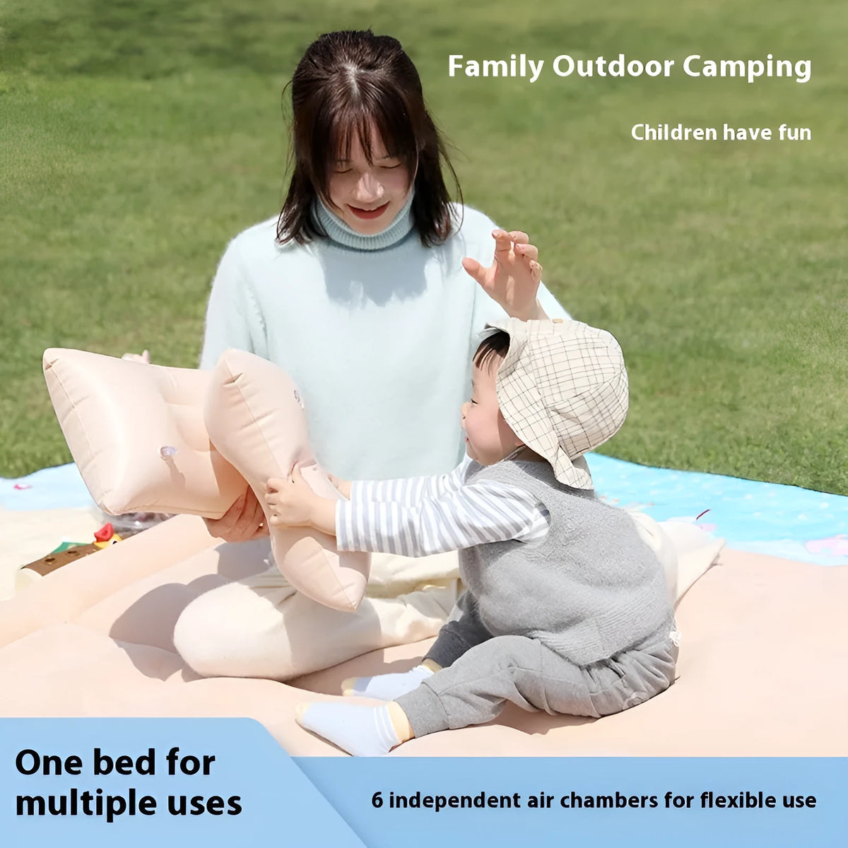 Beige SUV inflatable bed with flocking surface and car motor pump on vehicle floor