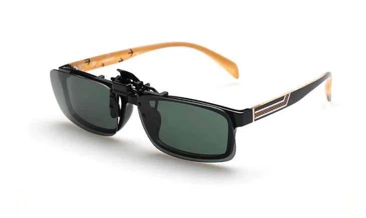 A polycarbonate clip-on sunglasses accessory for prescription glasses, shown in large and small frame sizes with grey, green, and night vision lenses.