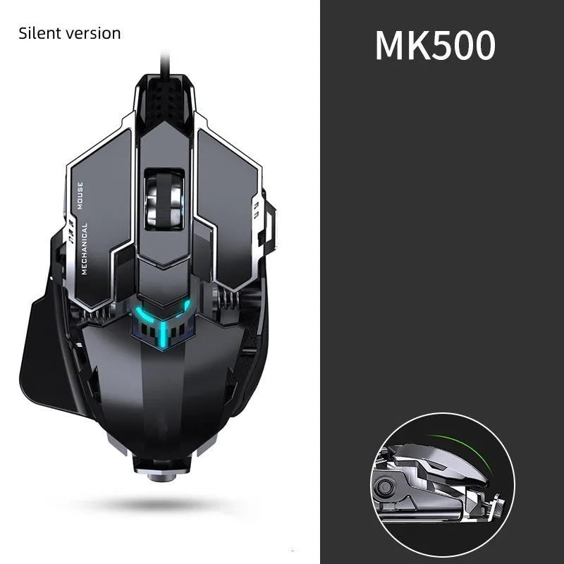 Forerunner MK500 wired gaming mouse in metallic black with seven buttons and USB cable