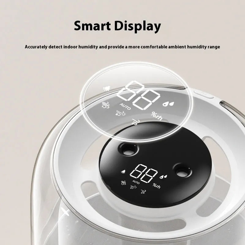 Beige round USB humidifier with dual spray nozzles, humidity display, and night light on a wooden surface.
