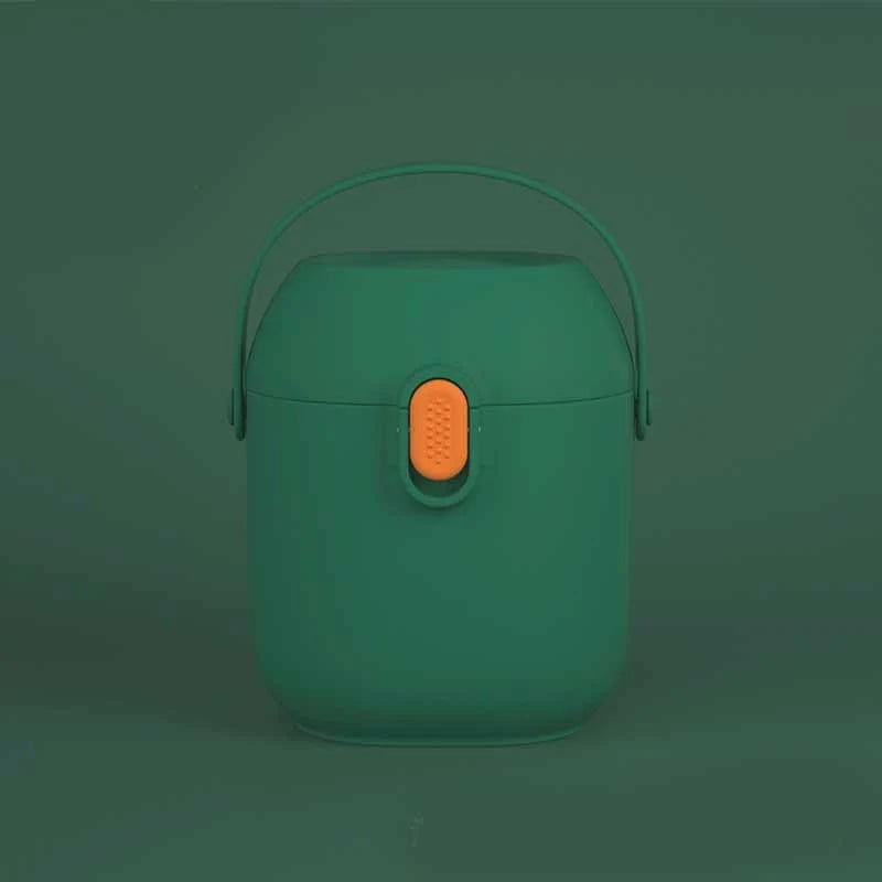 Large portable airtight baby milk powder container with scoop in blue, green, and pink