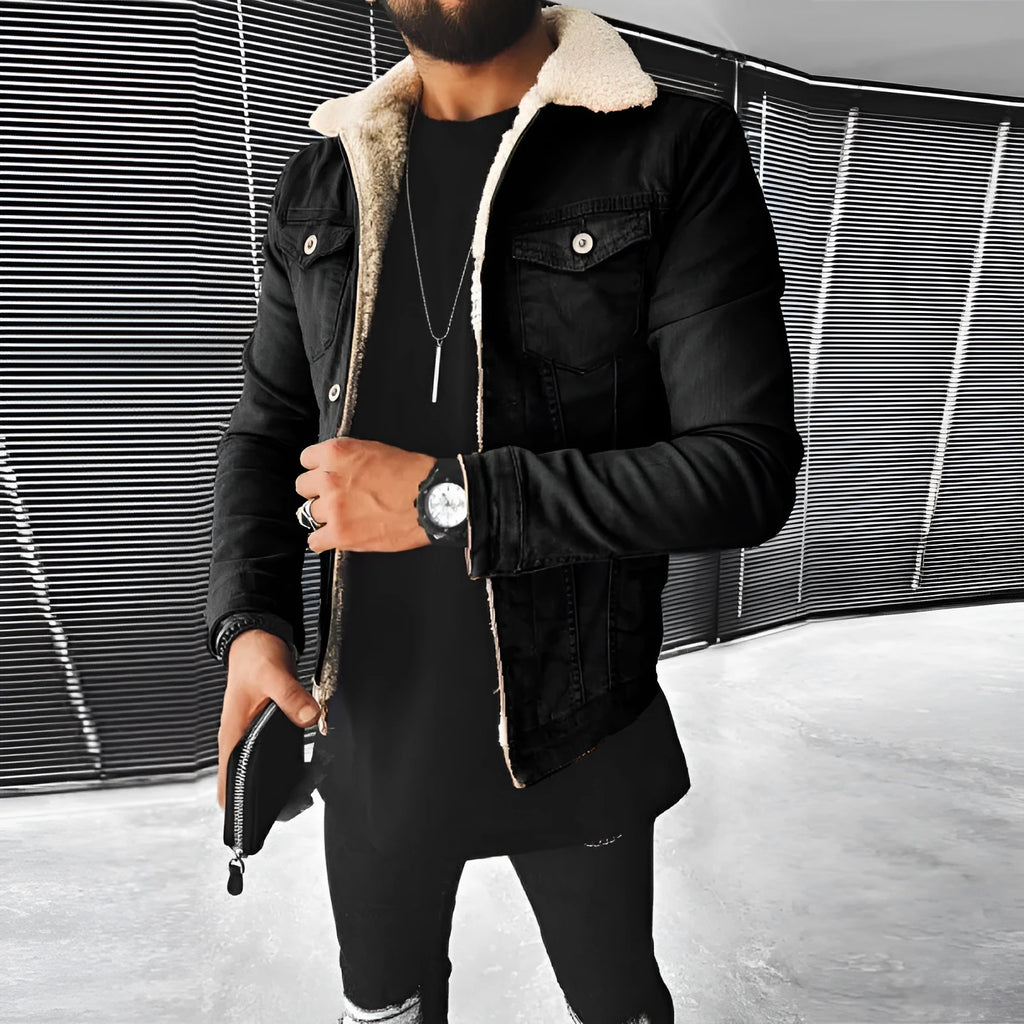 Lamb wool thickening denim jacket for men, black, side seam pockets, regular fit, winter wear