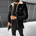 Lamb wool thickening denim jacket for men, black, side seam pockets, regular fit, winter wear