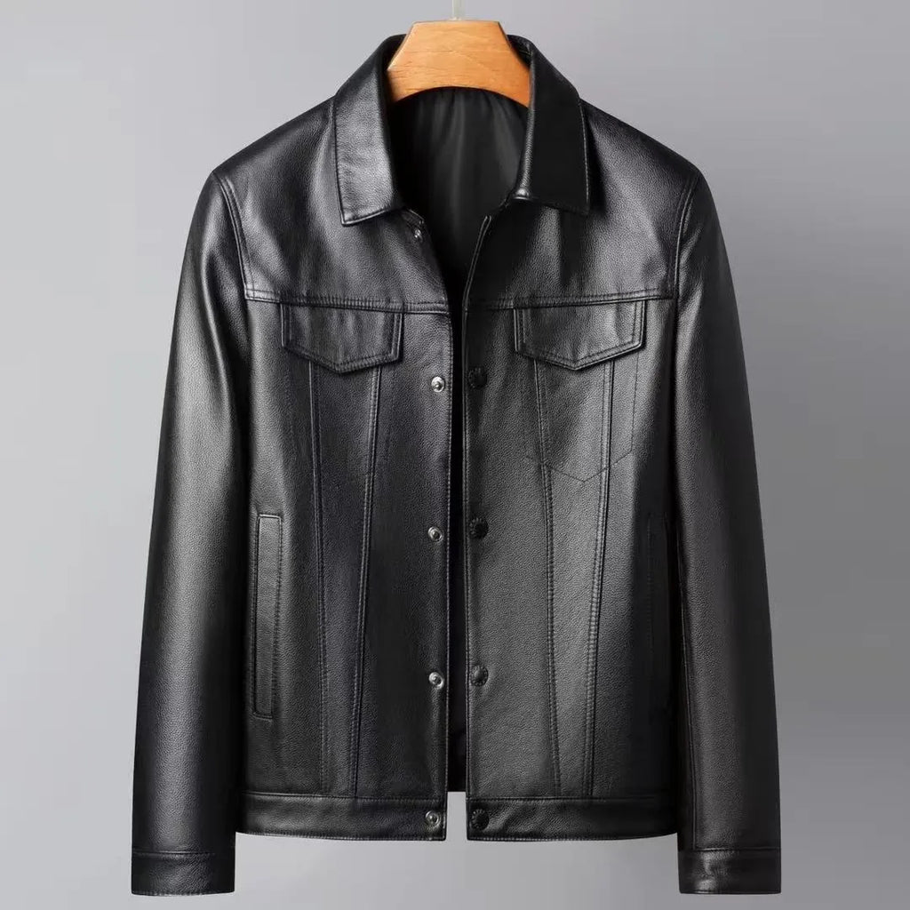 Men's black cowhide leather jacket with polo collar, polyester lining, sizes L to 5XL, front view