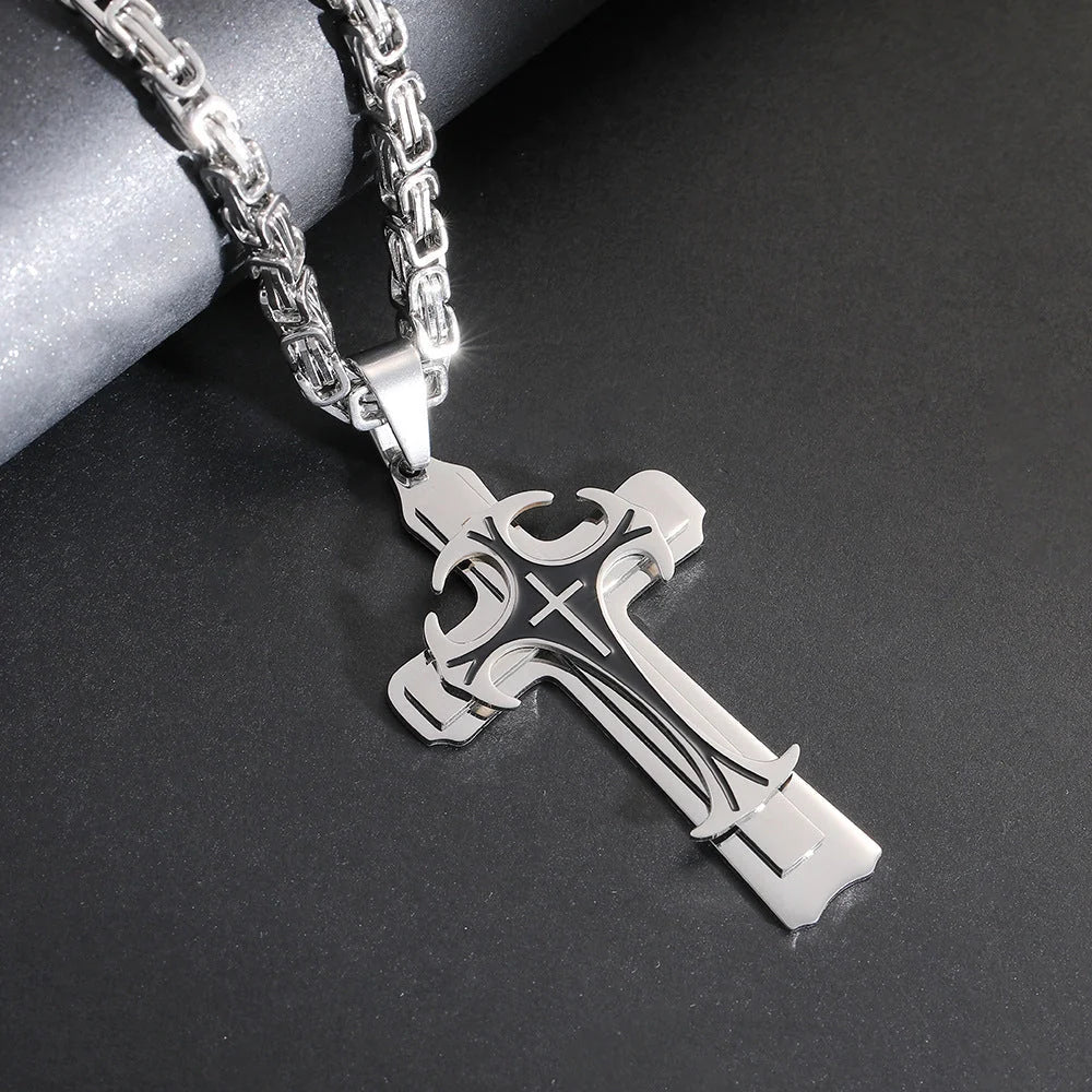 Men's Christian Trinity Latin Cross Necklace in stainless steel with three layers
