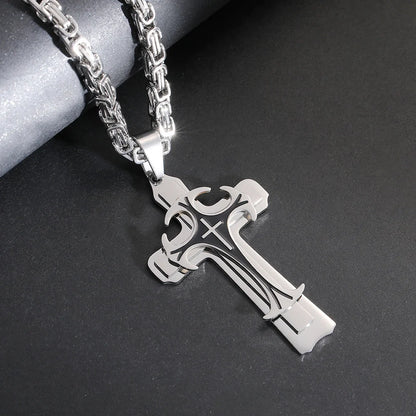 Men's Christian Trinity Latin Cross Necklace in stainless steel with three layers