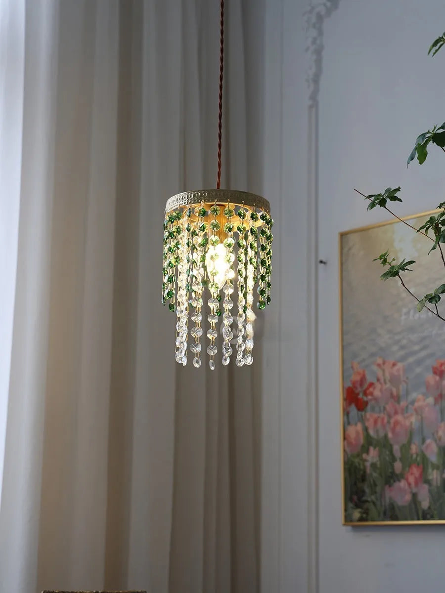 Retro green glacier crystal small droplight on bedside table showing warm LED light from E14 4W bulb