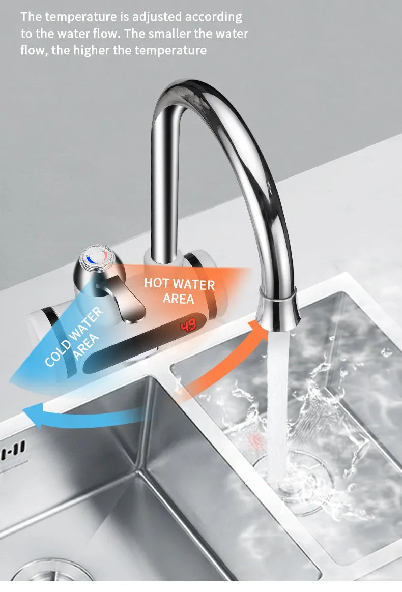White electric water heater tap with digital temperature display and 3000W fast heating capability