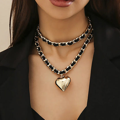 Double-layer chains necklace with heart pendant in gold and white options