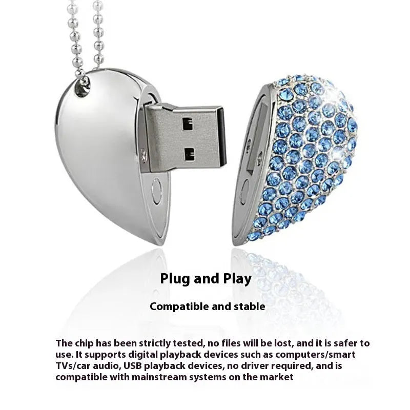Heart-shaped metal USB flash drive with a brick pattern design, showing front and side views.