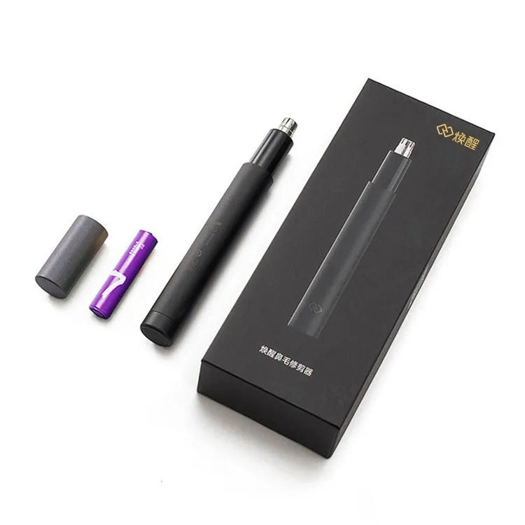 Black electric nose hair trimmer with ABS body on white background