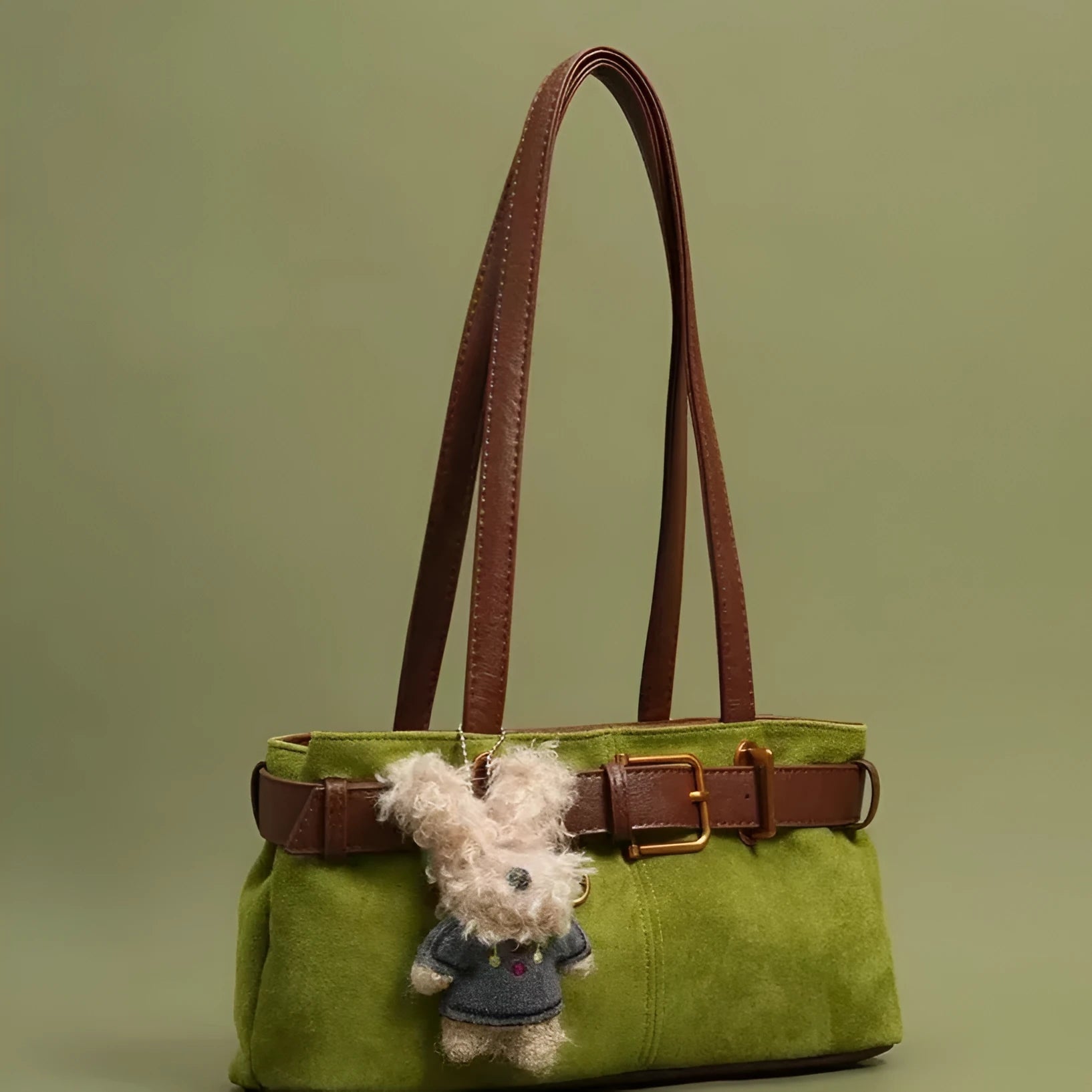 Horizontal square cotton single shoulder tote bag with double straps, green colour-blocked stitching, and welt pocket