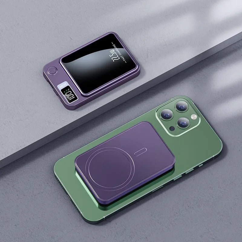 Wireless MagSafe power bank in black, white, purple, or green with industrial plastic shell