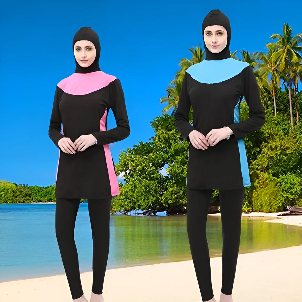 Conservative black women's swimsuit with long sleeves, a hood, and rose red trim.