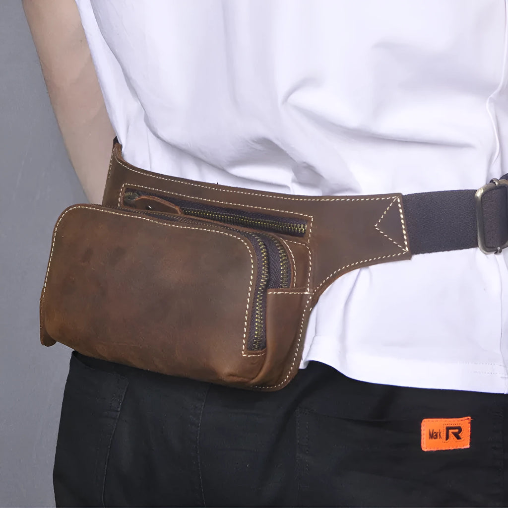 Brown top layer cowhide men's sports waist bag showing pull closure and dimensions.