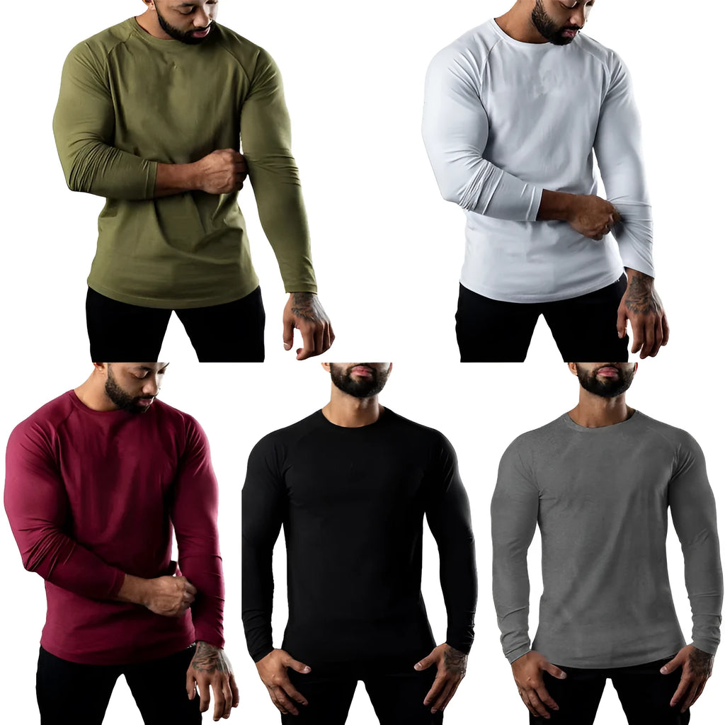 Men's long sleeve cotton sports t-shirt in tight fit with round neck, available in multiple colours