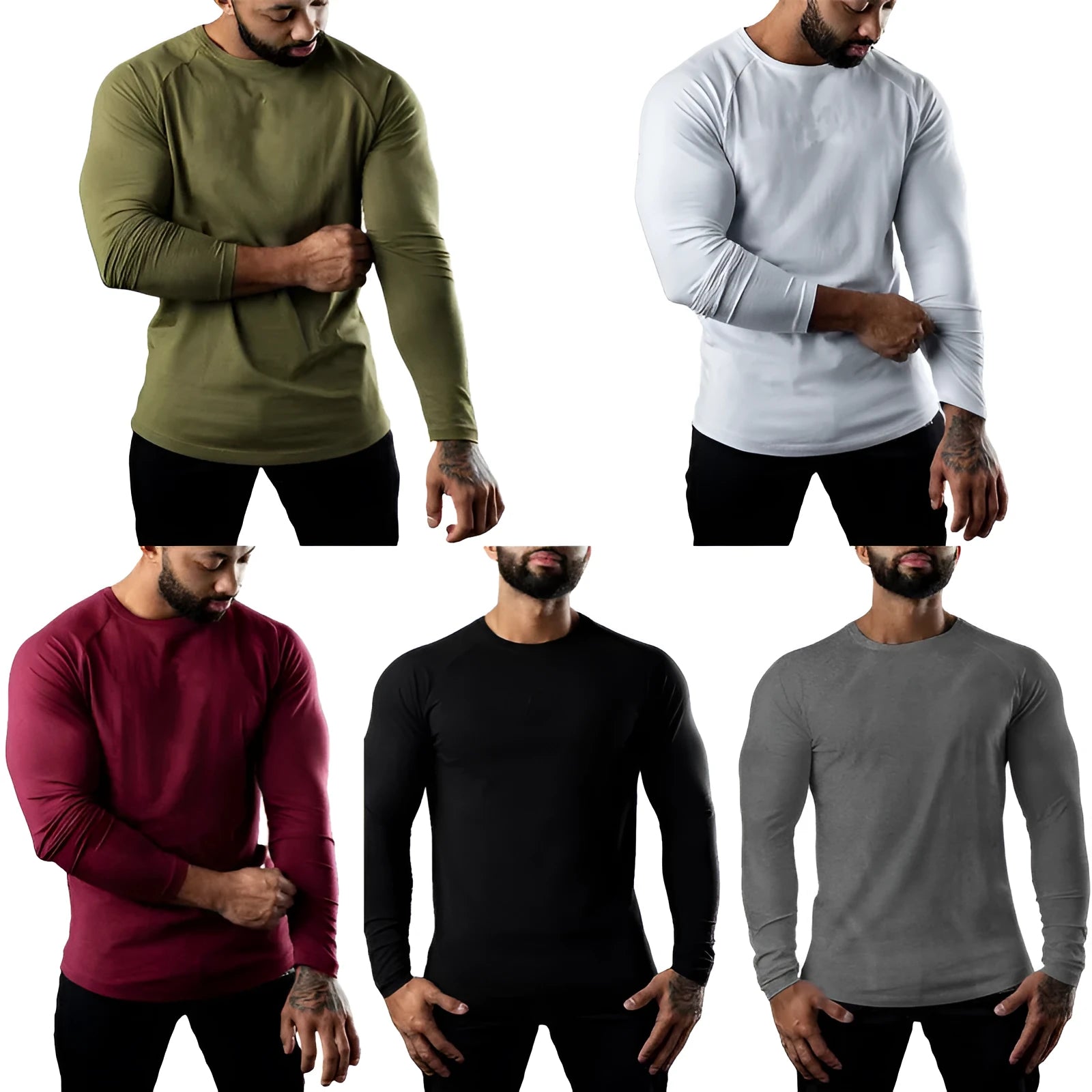 Men's long sleeve cotton sports t-shirt in tight fit with round neck, available in multiple colours