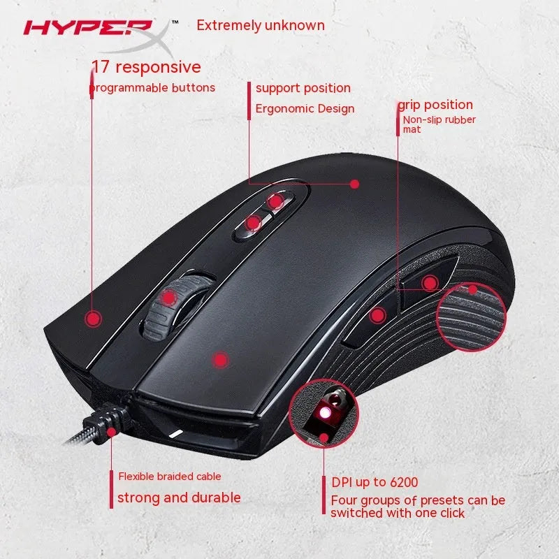 HyperX Pulsefire Core wired RGB gaming mouse in black and pink colour options on a desk.