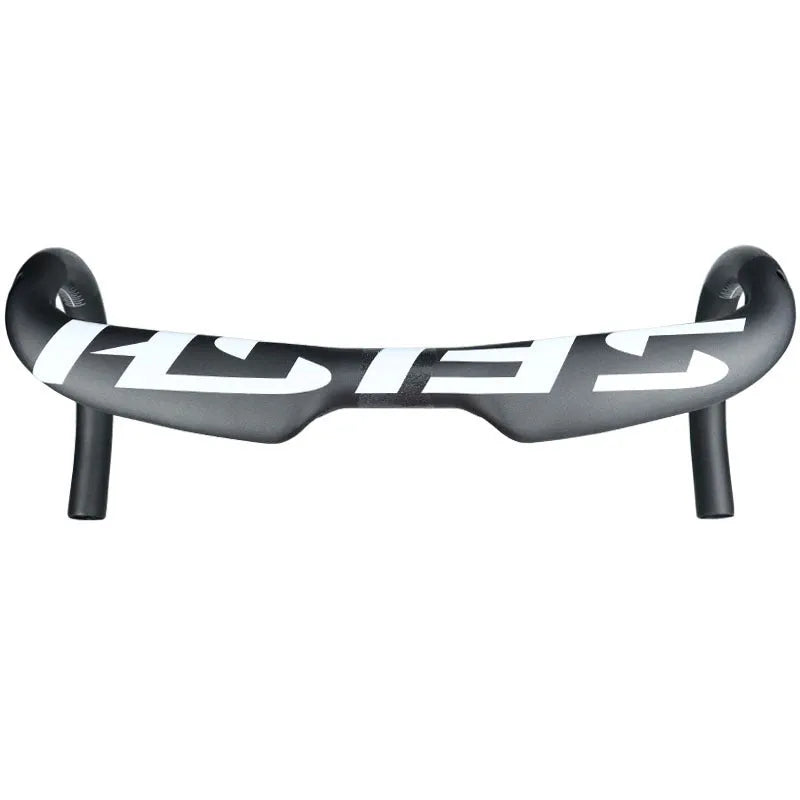 Carbon fibre road bike drop handlebar showing 31.8mm clamp, available in 380mm, 400mm, 420mm, and 440mm widths.