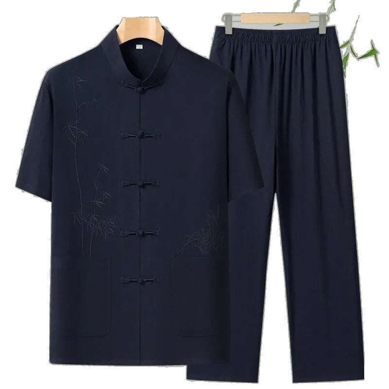 Men's cotton summer leisure suit with short sleeves in grey, available as two-piece set with trousers