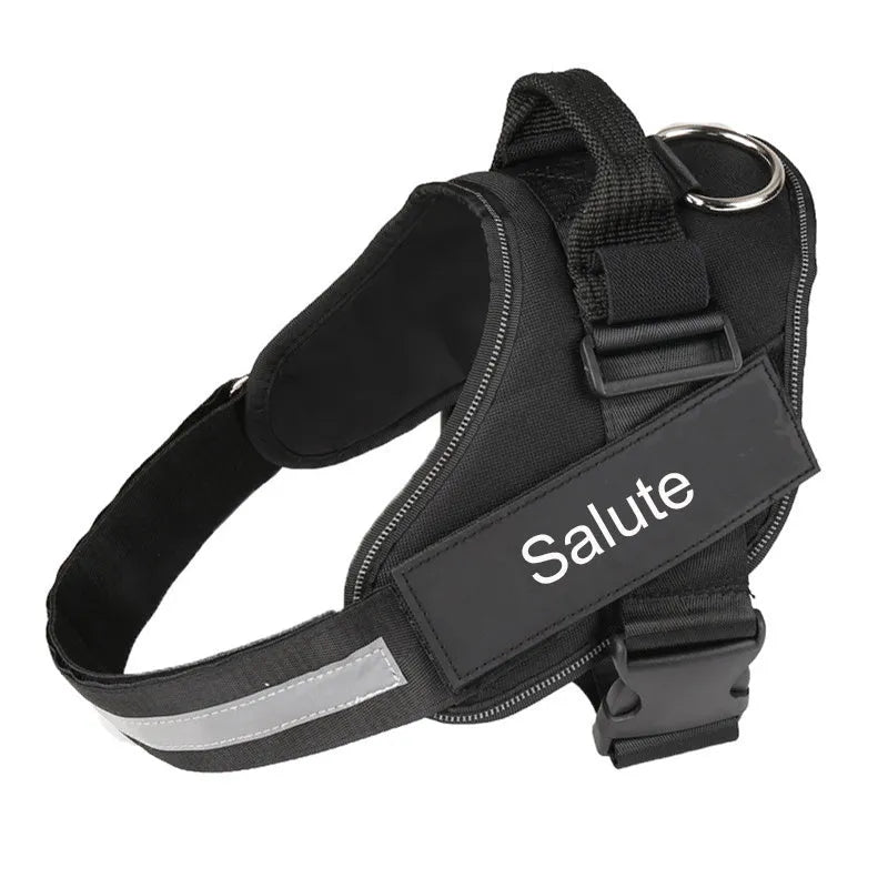 Personalised reflective nylon no-pull dog harness vest shown in a colour option, featuring adjustable straps and a patch panel.