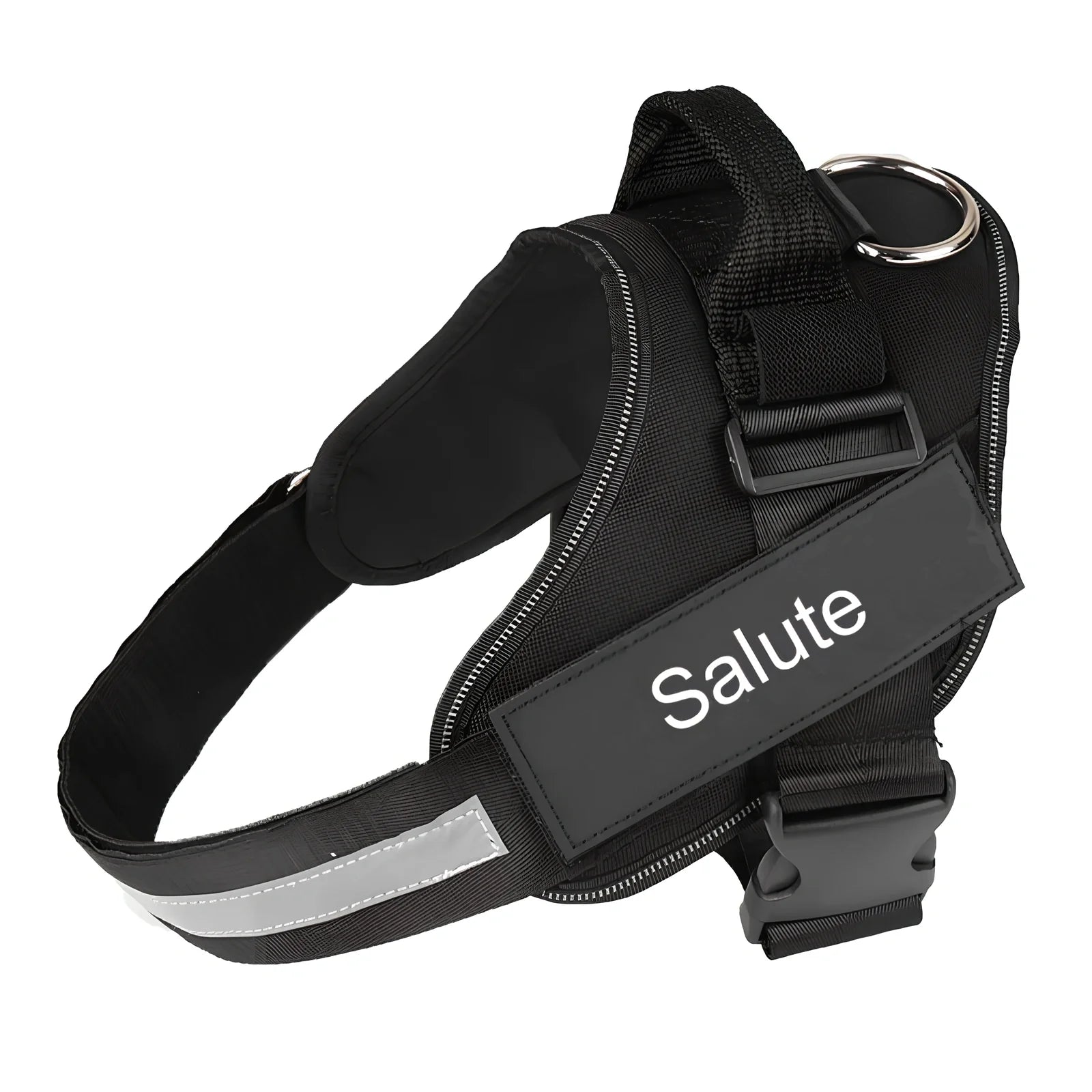 Adjustable reflective dog harness with top handle and metal D-ring for leash attachment