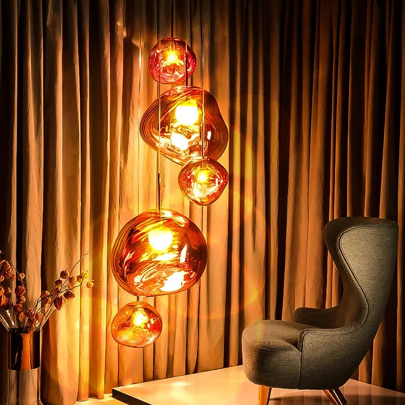 Nordic irregular glass chandelier with E27 LED light source in gold, silver, or wine red colour